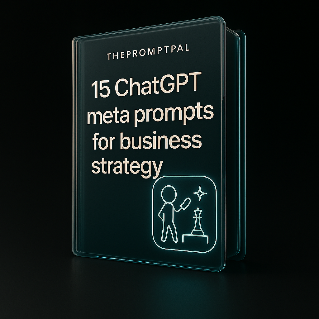 Book titled '15 ChatGPT meta prompts for business strategy' by THEPROMPTPAL on a black background