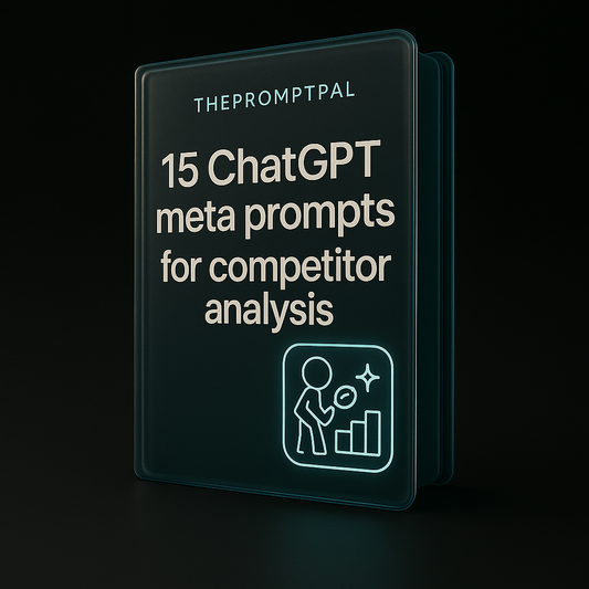 Book titled '15 ChatGPT meta prompts for competitor analysis' by THEPROMPTPAL on a black background