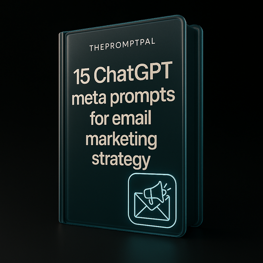 Black book titled '15 ChatGPT meta prompts for email marketing strategy' with a megaphone icon on a black background