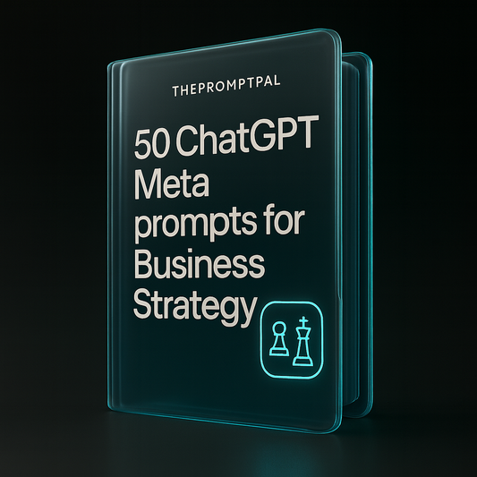 Futuristic book with '50 ChatGPT Meta prompts for Business Strategy' text on a black background