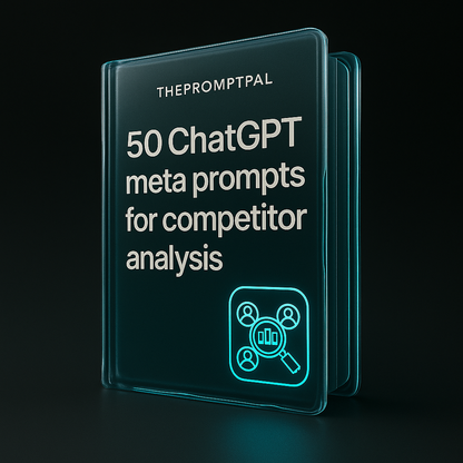 Glossy blue book titled '50 ChatGPT meta prompts for competitor analysis' by THEPROMPTPAL on a black background.