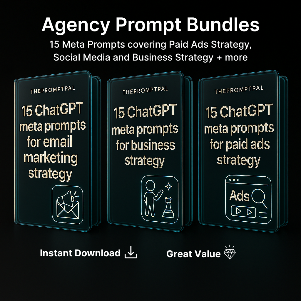 Three promotional cards for Agency Prompt Bundles with ChatGPT meta prompts on a black background.