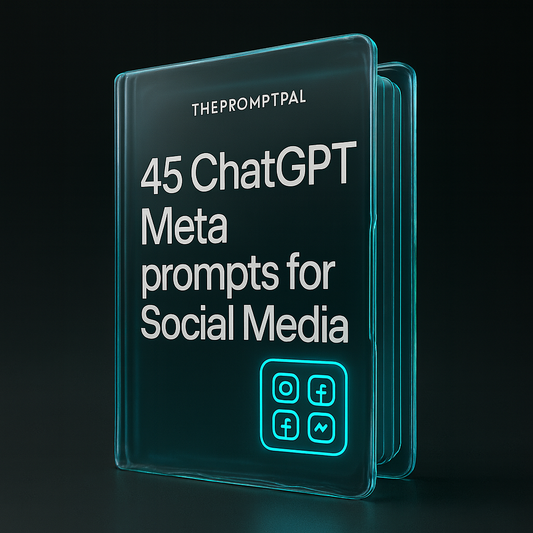 Book titled '45 ChatGPT Meta prompts for Social Media' by THEPROMPTPAL on a black background
