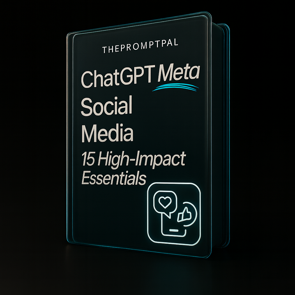 Glossy black book titled 'ChatGPT Meta Social Media 15 High-Impact Essentials' with a blue logo on a black background