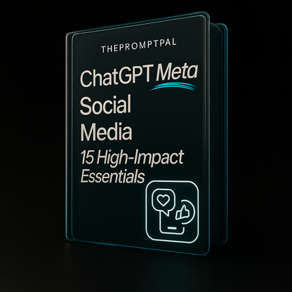 Glossy black book titled 'ChatGPT Meta Social Media 15 High-Impact Essentials' with a blue logo on a black background