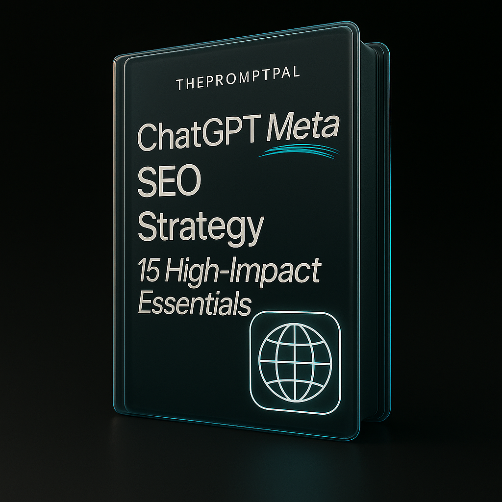 Book titled 'ChatGPT Meta SEO Strategy: 15 High-Impact Essentials' by THEPROMPTPAL on a black background