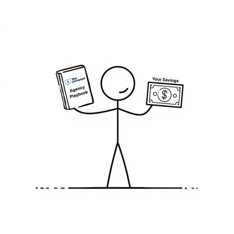 Stick figure holding an 'Agency Playbook' and a money bag labeled 'Your Savings'.